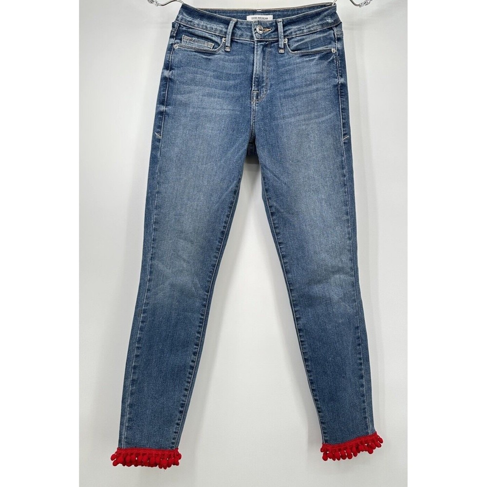 Good American Good Legs Jeans Womens 0/25 Blue Stretch Ankle Fray
